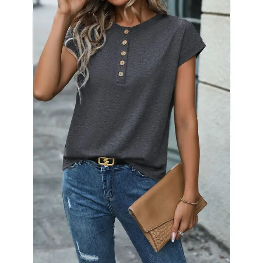 Textured Half Button Round Neck T-shirt