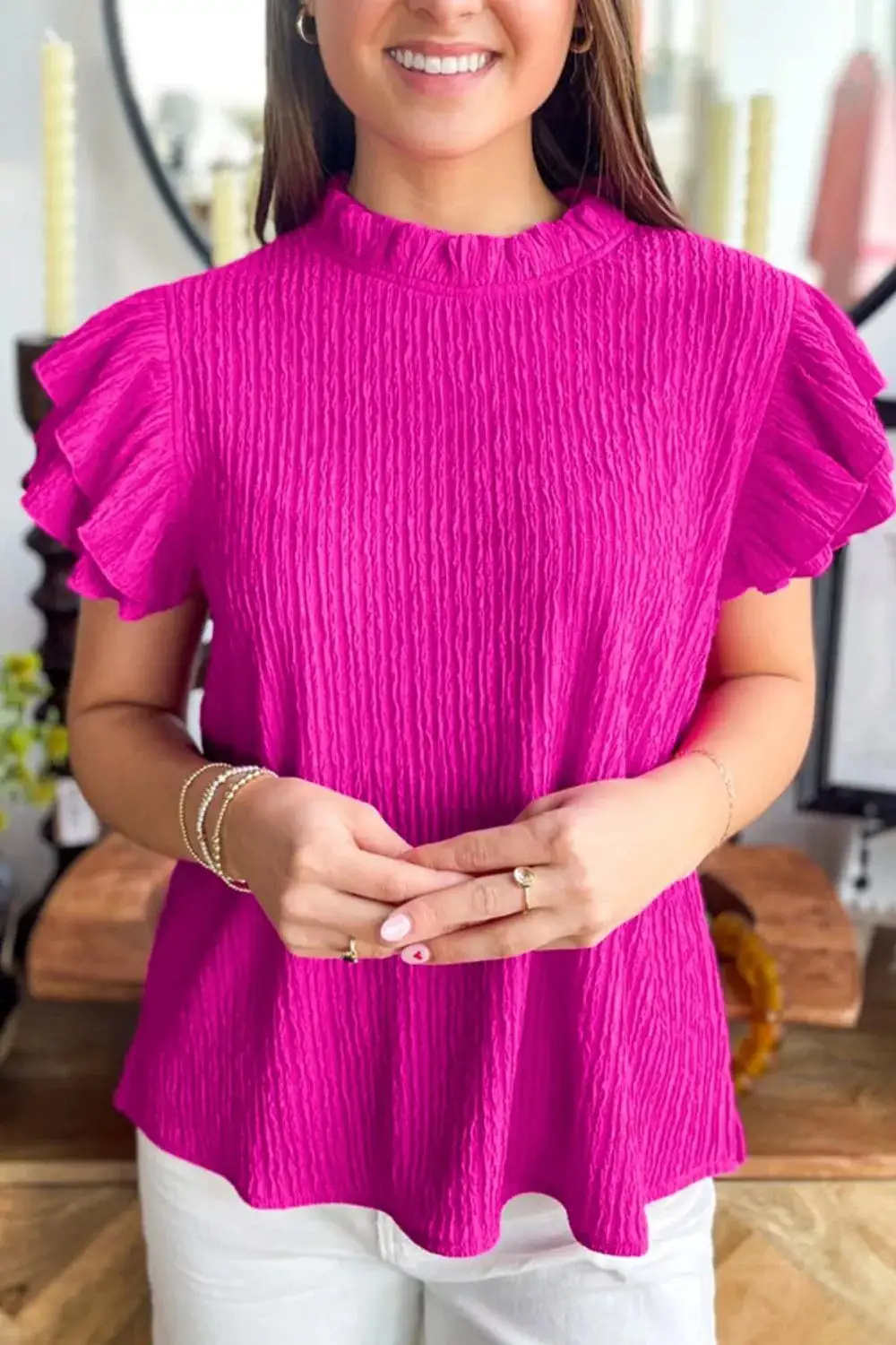 Textured Ruffle Trim Short Sleeve Blouse