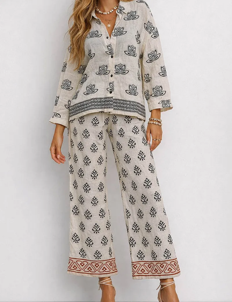 Boho Embroidery Elastic Waist Wide Leg Pants