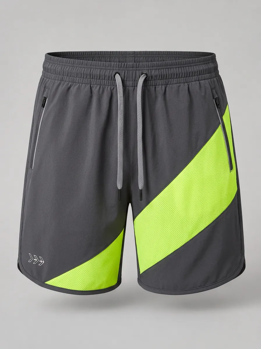 Men's Athletic Neon Yellow Diagonal Panel Printed Shorts