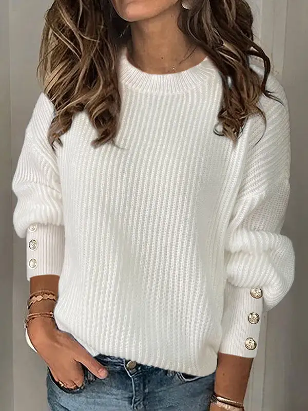 Paneled Button Detail Round Neck Long Sleeve Relaxed Fit Pullover Sweater