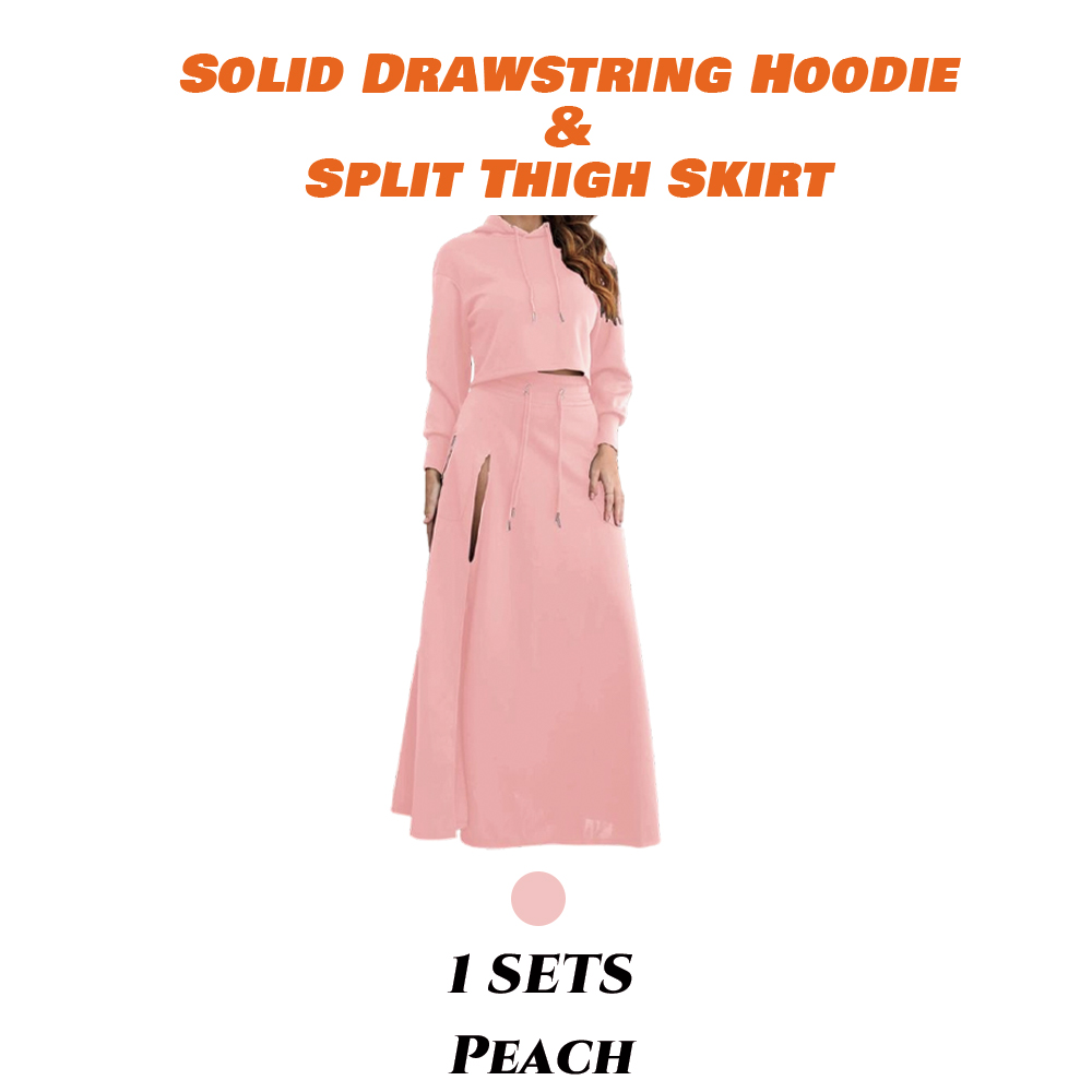 Women'S Solid Drawstring Hoodie & Split Thigh Skirt Set, Long Sleeve Top & Pocket Long Skirt, Casual Fashion Cozy Co-Ord Set, Women Clothes
