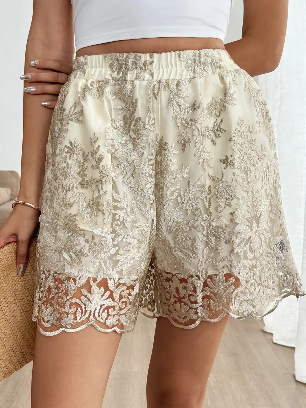 Everyday Elastic Waist Lace Trim Shorts