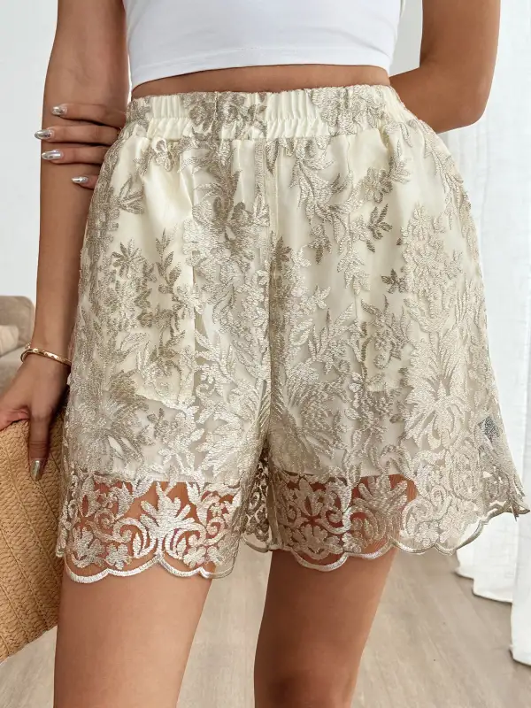 Everyday Elastic Waist Lace Trim Shorts