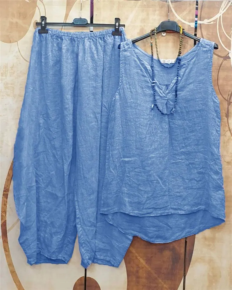Casual Simple Solid Color Sleeveless Two Piece Suit