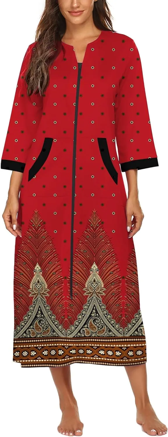 50% OFF Women Zipper Robe 3/4 Sleeves Loungewear Dress Full Length Sleepwear Pockets Housecoat Nightgown Long Bathrobe