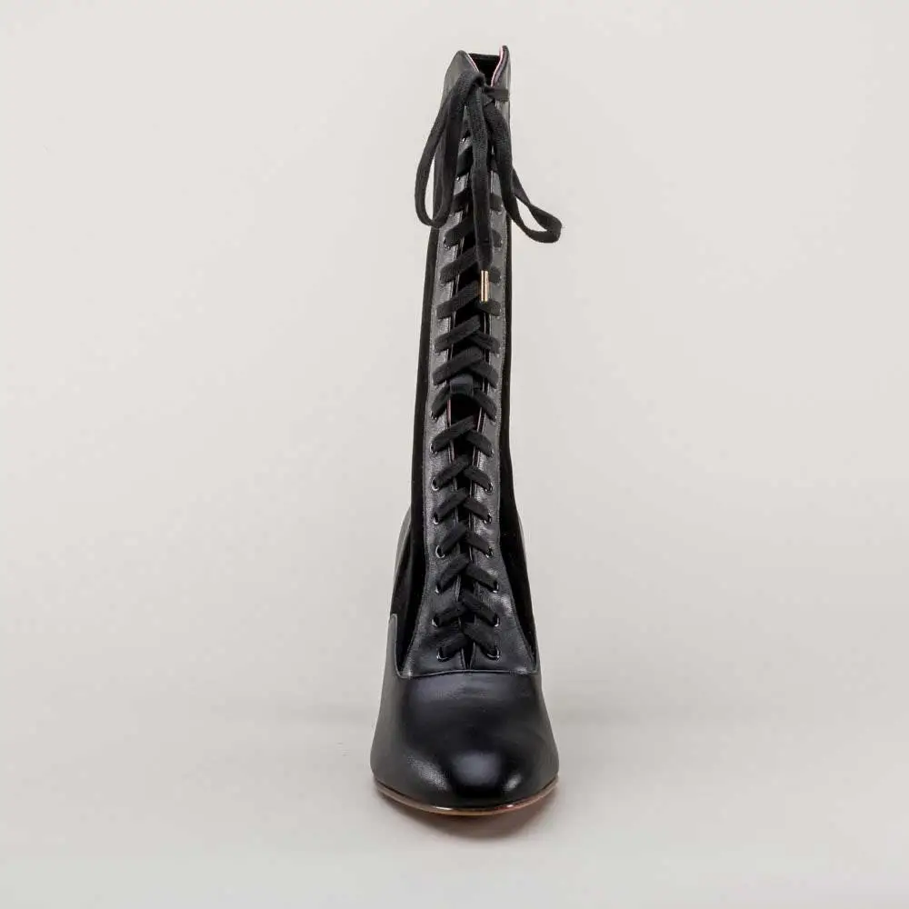 Faux-Leather Lace-Up Patchwork Spool-Heel Mid-Calf Boots