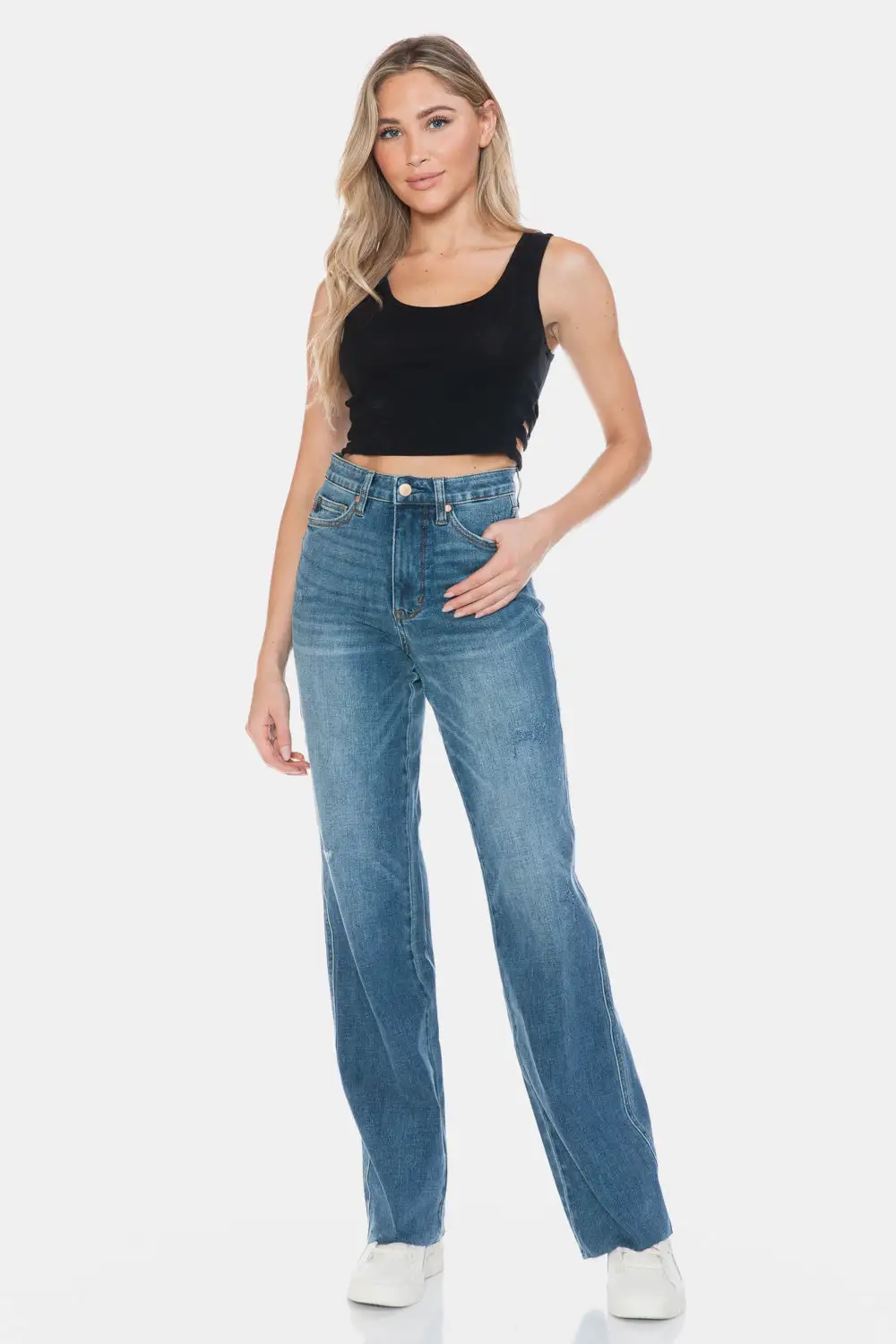 Relaxed Straight Leg Raw Hem Denim Jeans