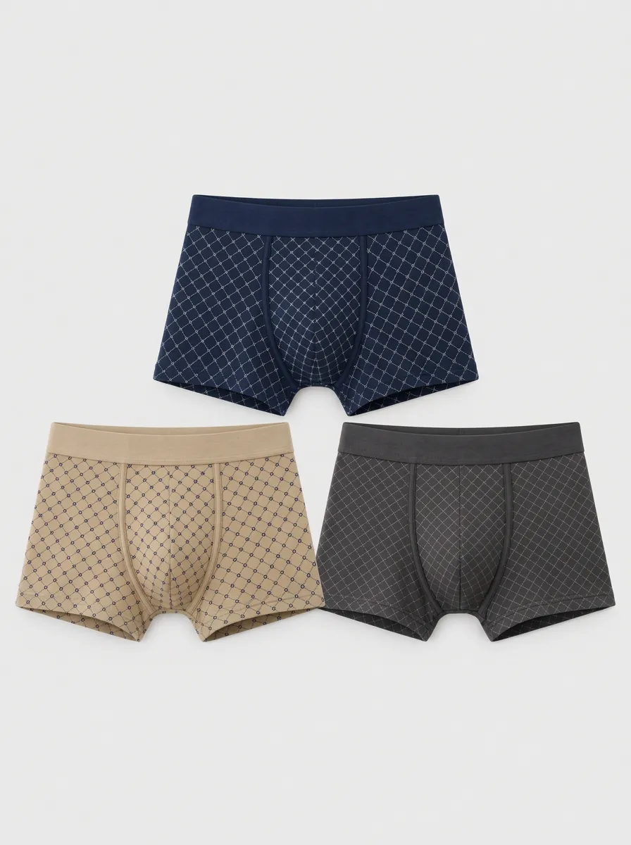 Men's Multicolor Geometric Patterned Grid Boxer Briefs 3-Pack