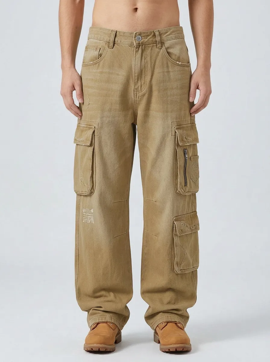 Men's Streetwear Geometric Graphic Printed Denim Cargo Pants