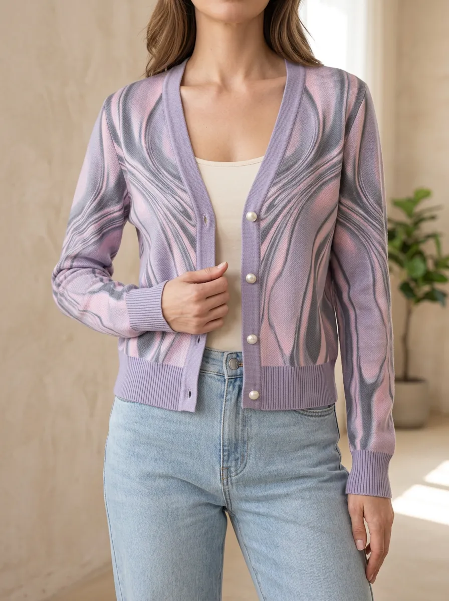 Women's Purple Marble Pattern Printed Cardigan