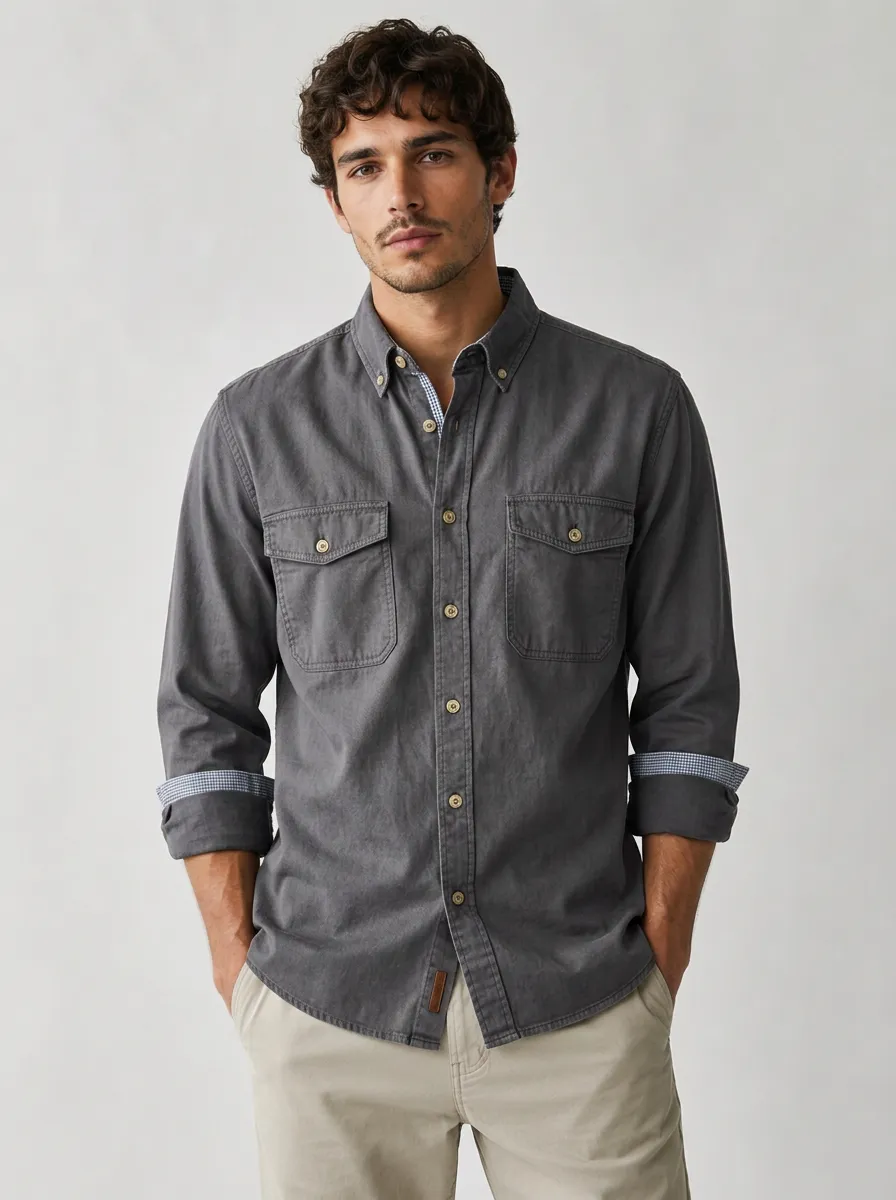 Men's Casual Breathable Gingham Trim Button Down Shirt