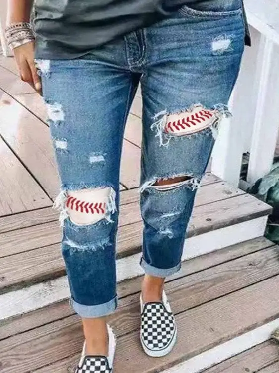 Women's Baseball Printed Hole Panel Jeans