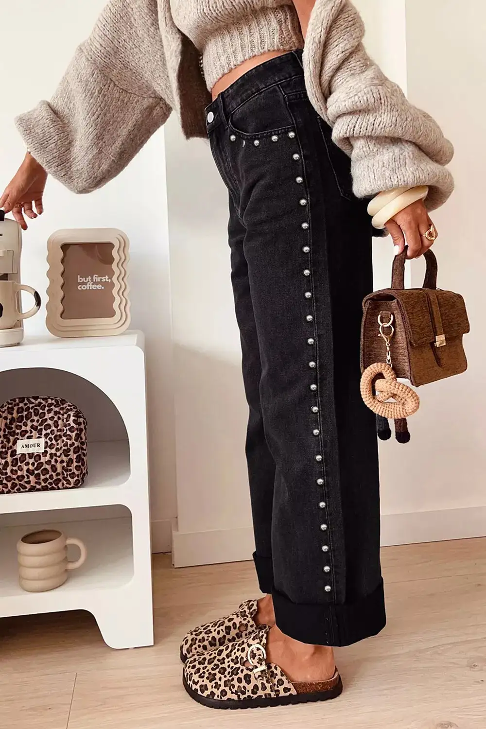 Washed Pocketed Studded Stretch Straight Leg Jeans
