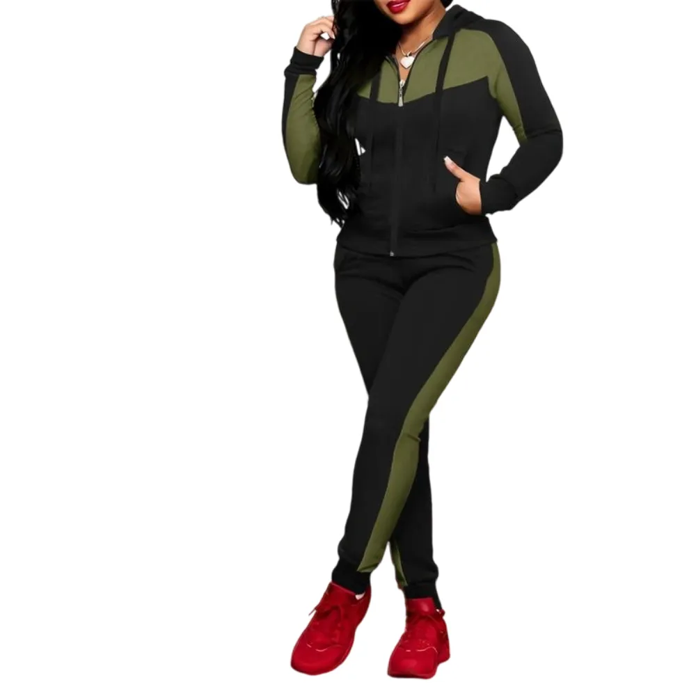 Two-Piece Set Women's Colorblock Zip Up Hoodie & Pocket Pants