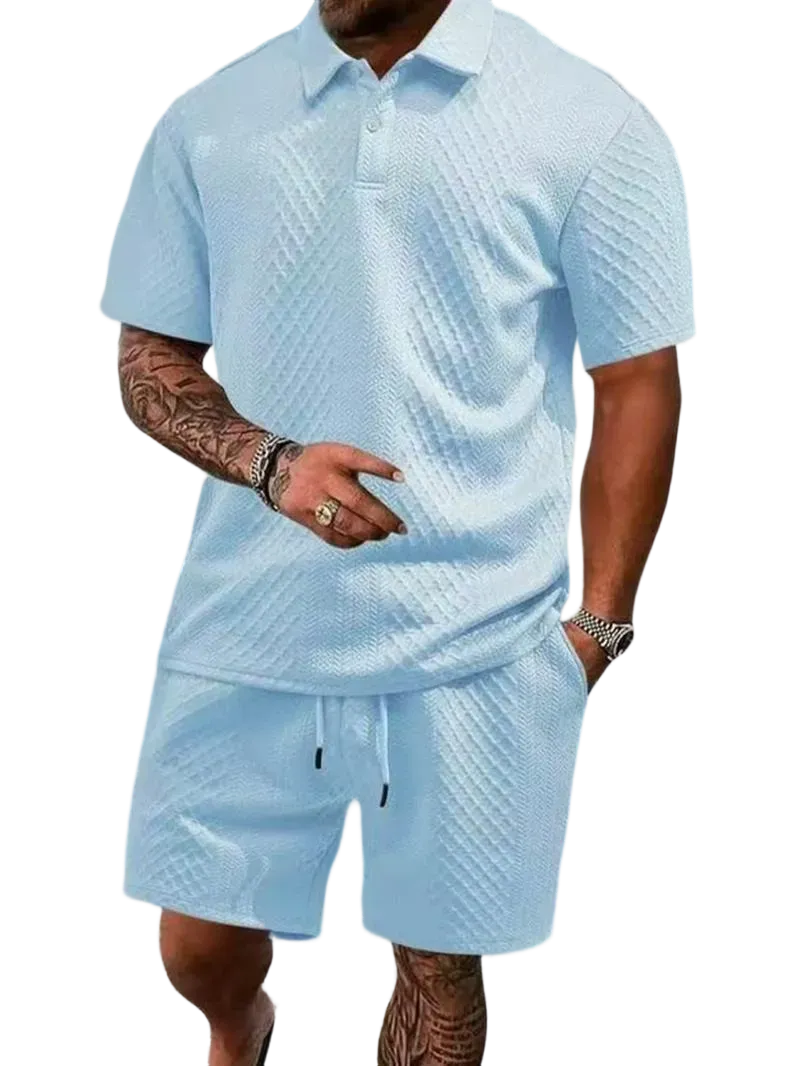 Men's Summer Casual Textured Polo Shirt and Shorts Two-Piece Set