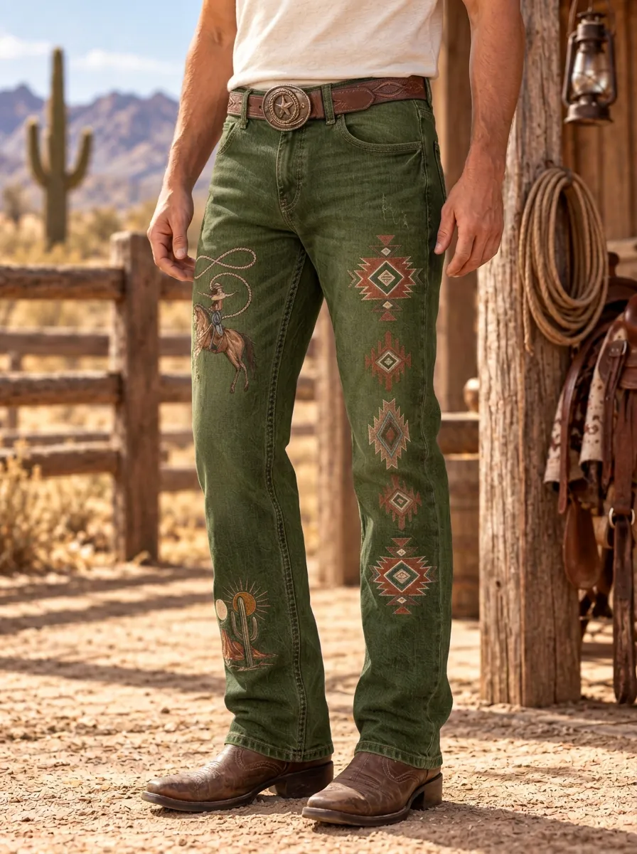 Men's Western Cowboy Rodeo Southwest Printed Jeans