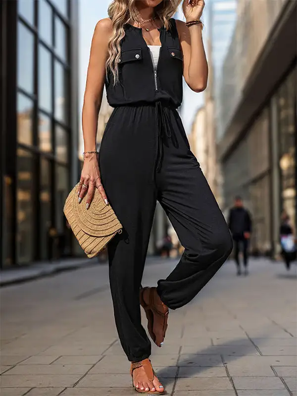 Mouwloze Jumpsuits Met V Hals Effen Kleur En