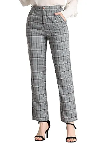 Women's Plaid Pants Elastic Waist Casual Work Office Long Trousers