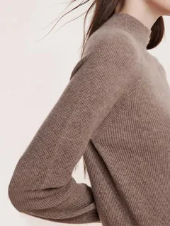 Coffee Seamless Mock Neck Cashmere Women Sweater