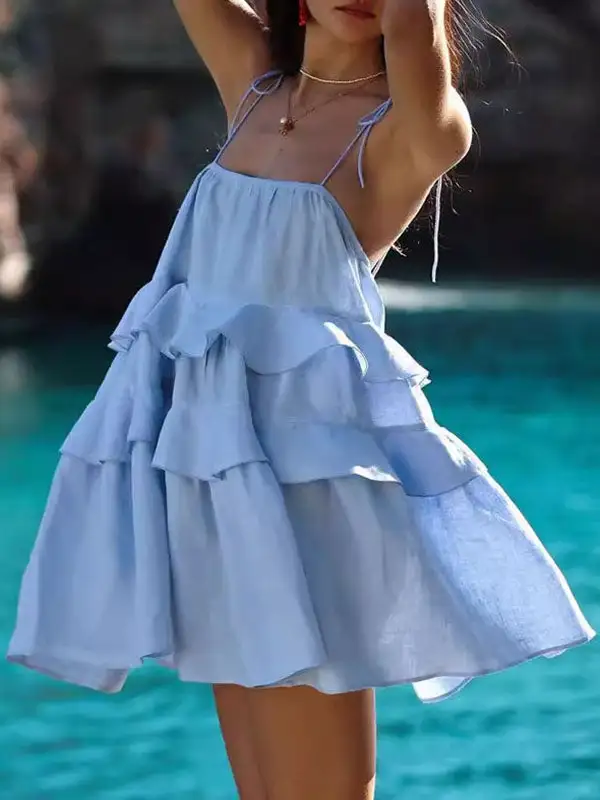 High Waisted Relaxed Backless Layered Pleated Solid Color Tied Spaghetti Neck
