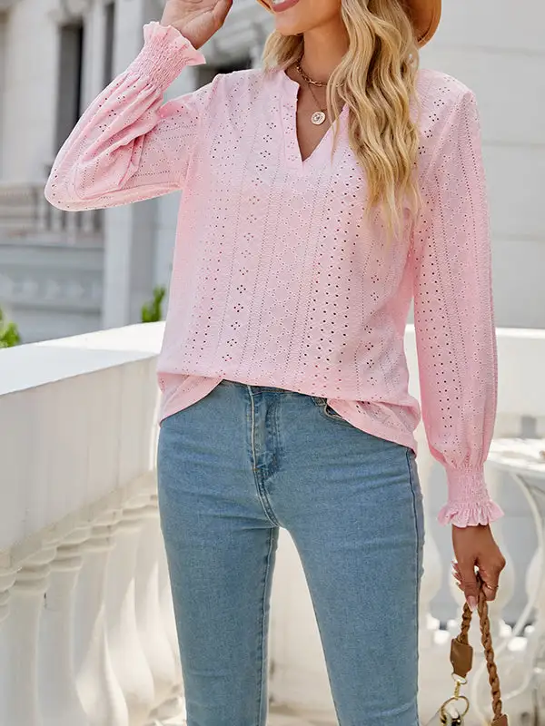 Long Sleeve Relaxed Elasticity Cutout V-Neck T-Shirt