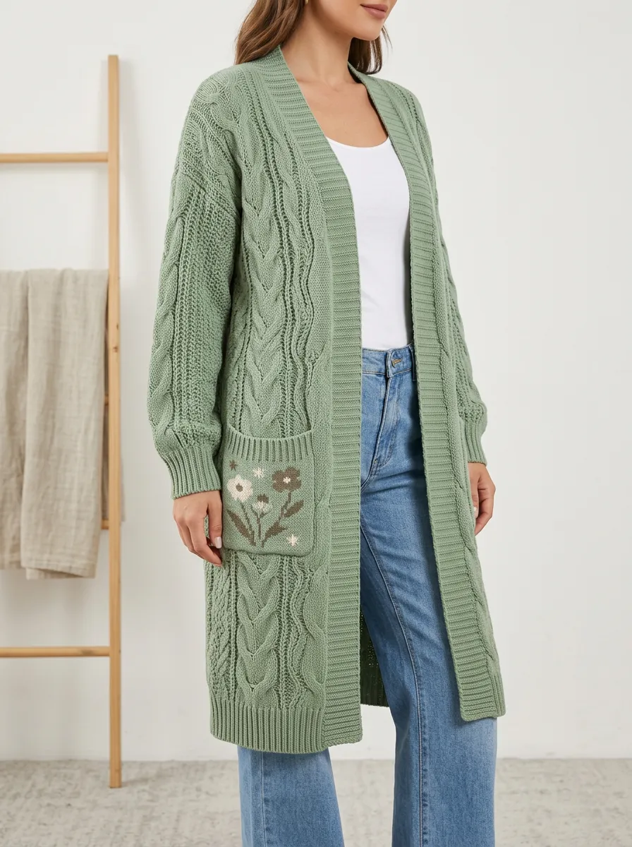 Women's Floral Cable Knit Print Long Cardigan