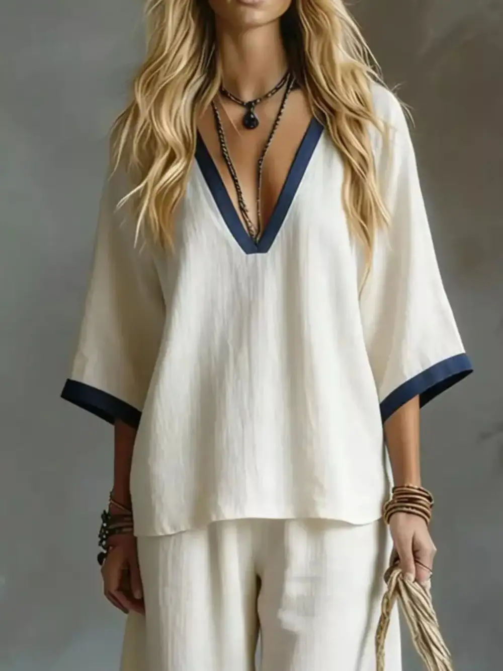 Contrast Trim V Neck Top and Pants Set