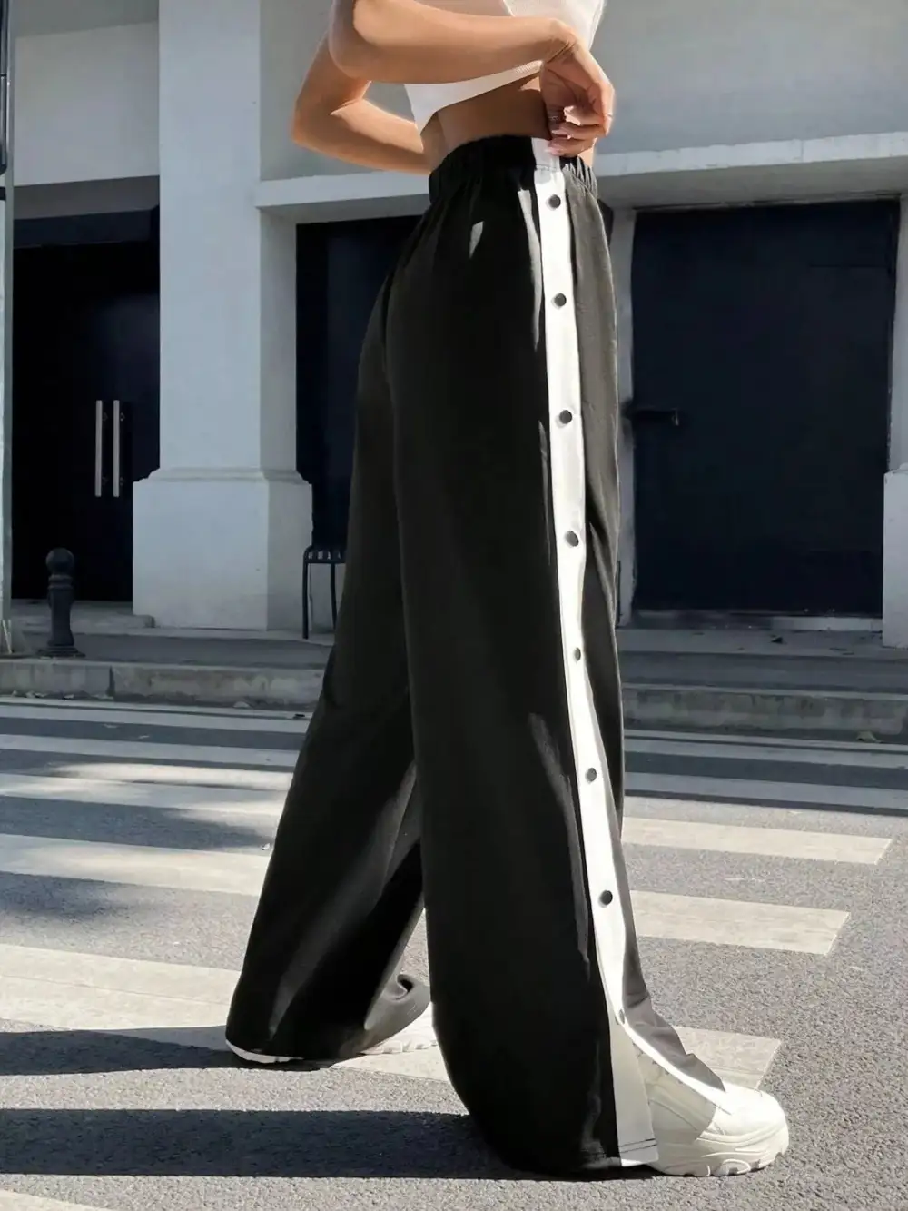 Two Tone Side Snap Wide Leg Pants