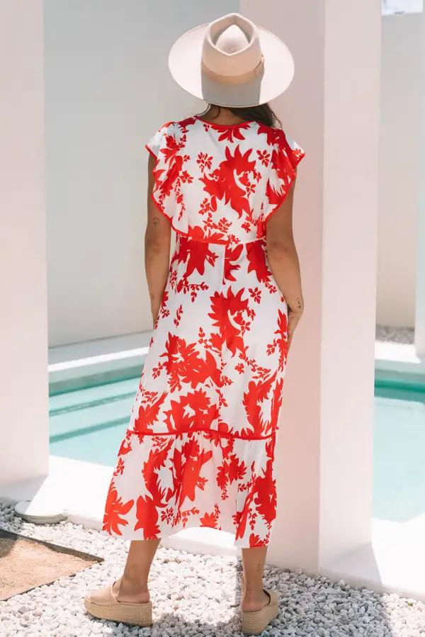 Print Trimmed V Neck Ruffle Sleeve Long Dress