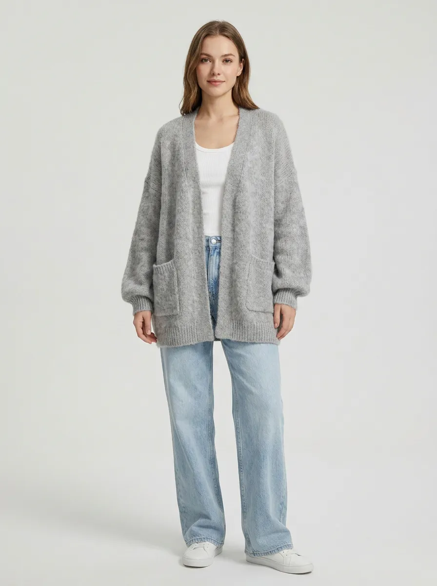 Women's Casual Oversized Grey Knit Open Front Cardigan