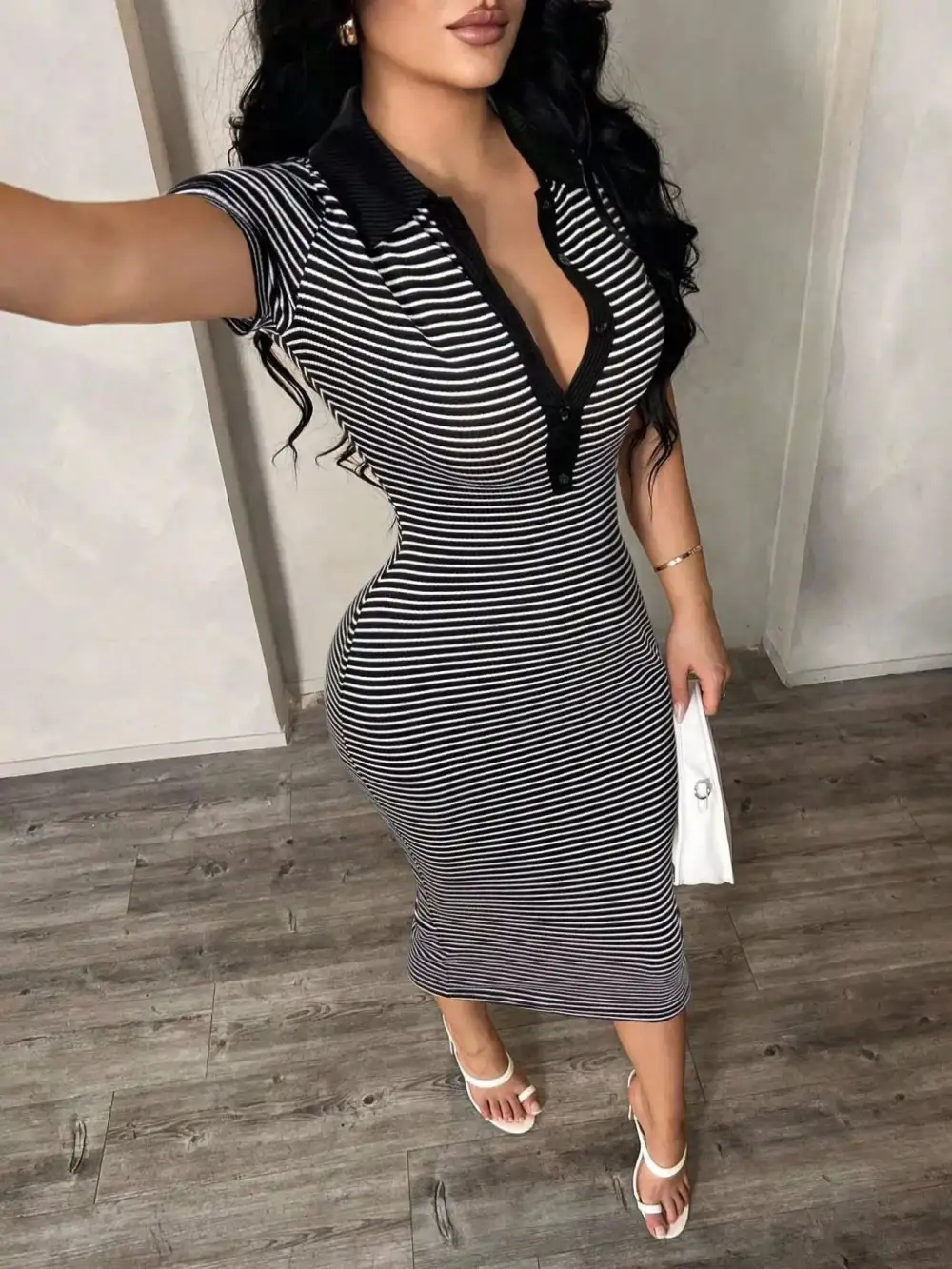 Striped Polo Collar Midi Dress