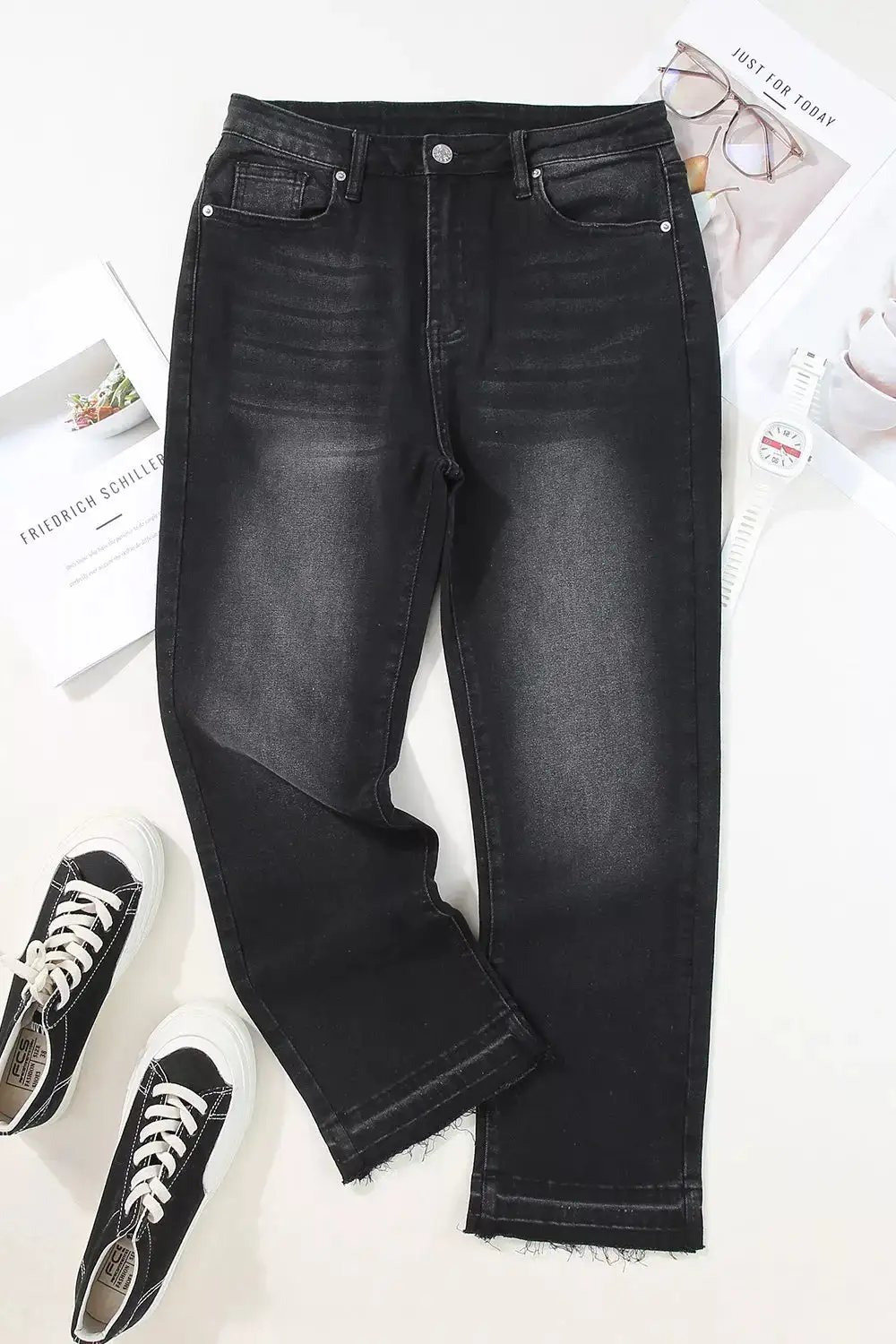 High Waist Straight Leg Distressed Denim Jeans