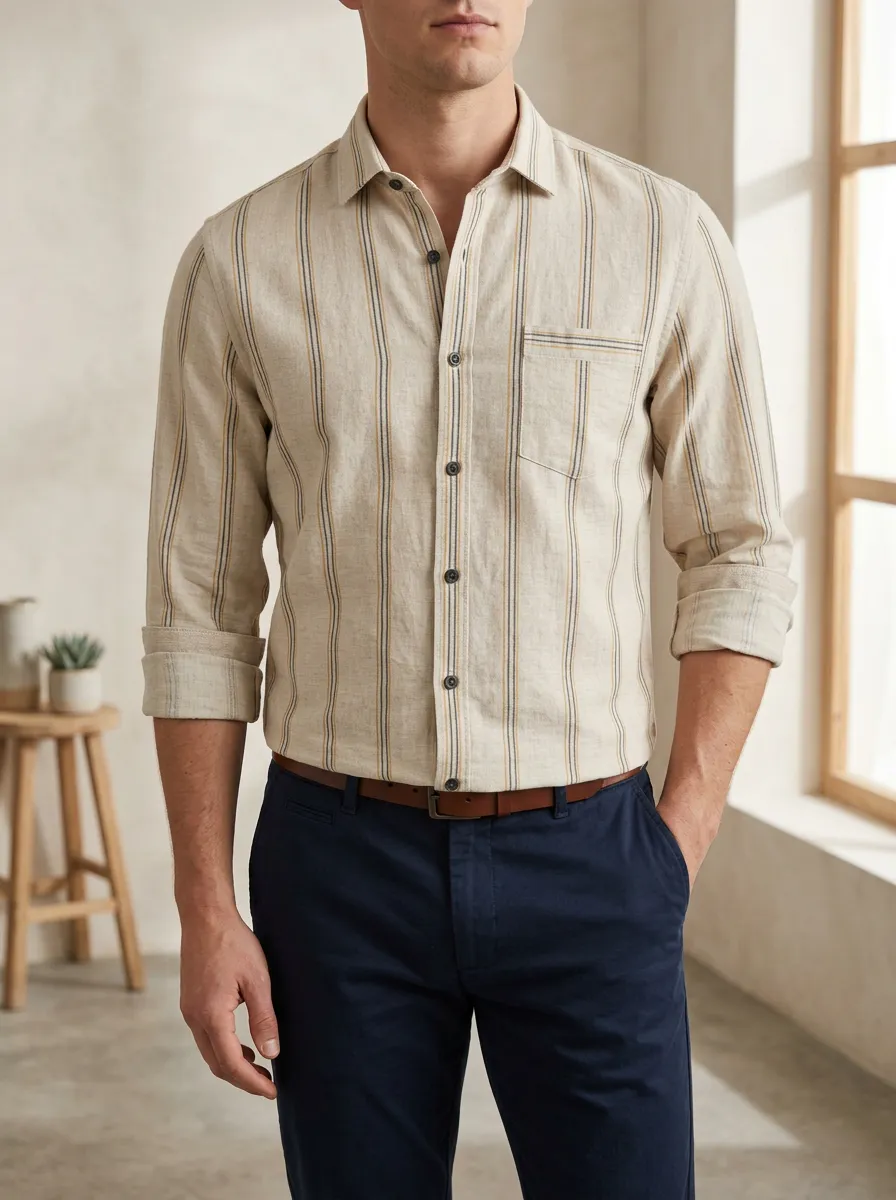 Men's Polished Vertical Stripe Chest Pocket Long Sleeve Slim Fit Shirt