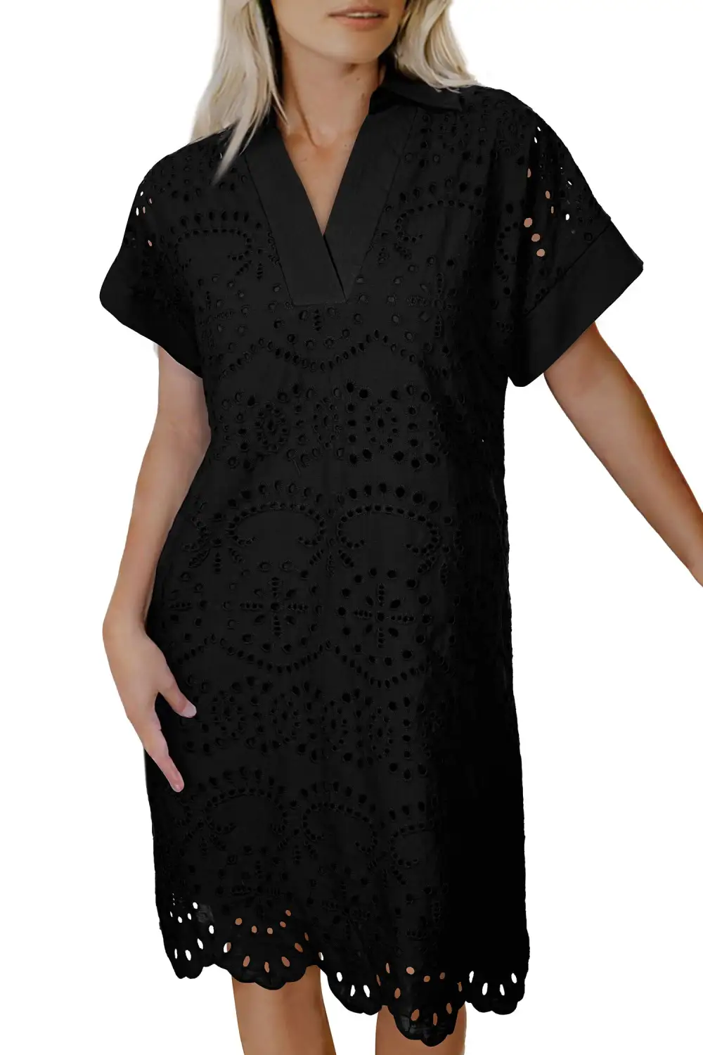 Solid Color Eyelet Embroidered T Shirt Mini Dress Weekend