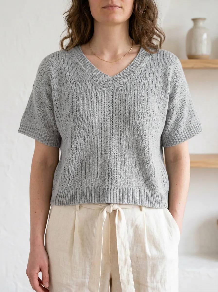 Women's V-Neck Short-Sleeve Ribbed Knit T-Shirt