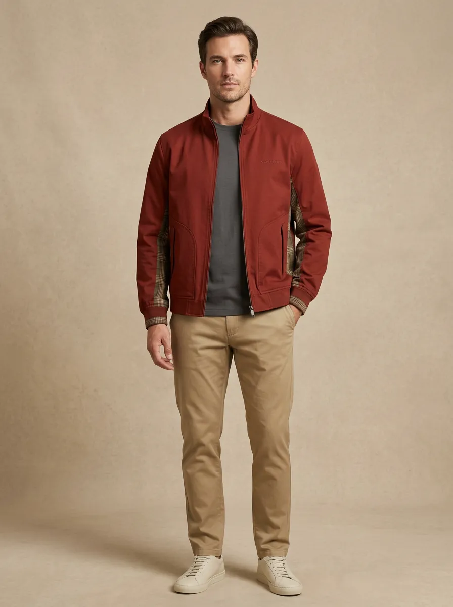 Plaid Side Panel Zip Jacket