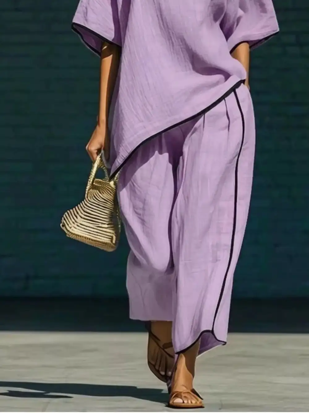 Full Size Contrast Trim Half Sleeve Top and Pants