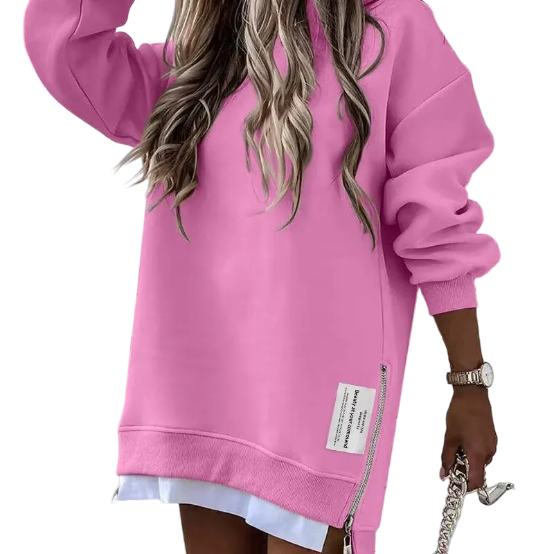 Womens Long Sleeve Pullover Sweatshirt Zipper Slit Casual Dress