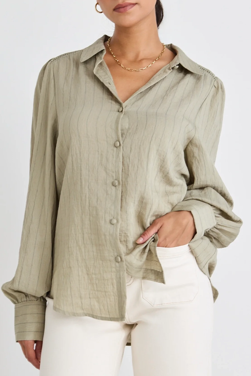 Khaki Stripe Lace Insert Linen Blouse