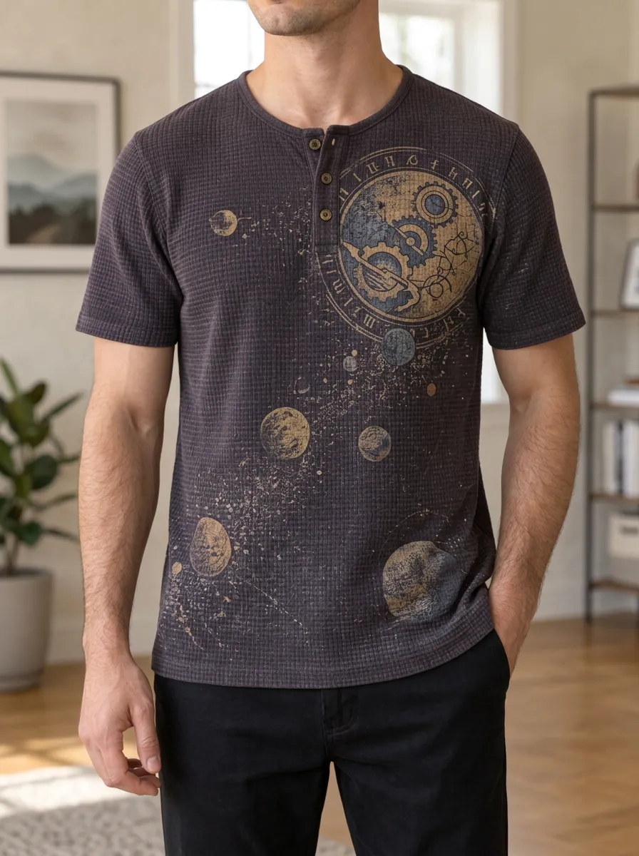 Men's Steampunk Celestial Planet Printed Henley T-shirt