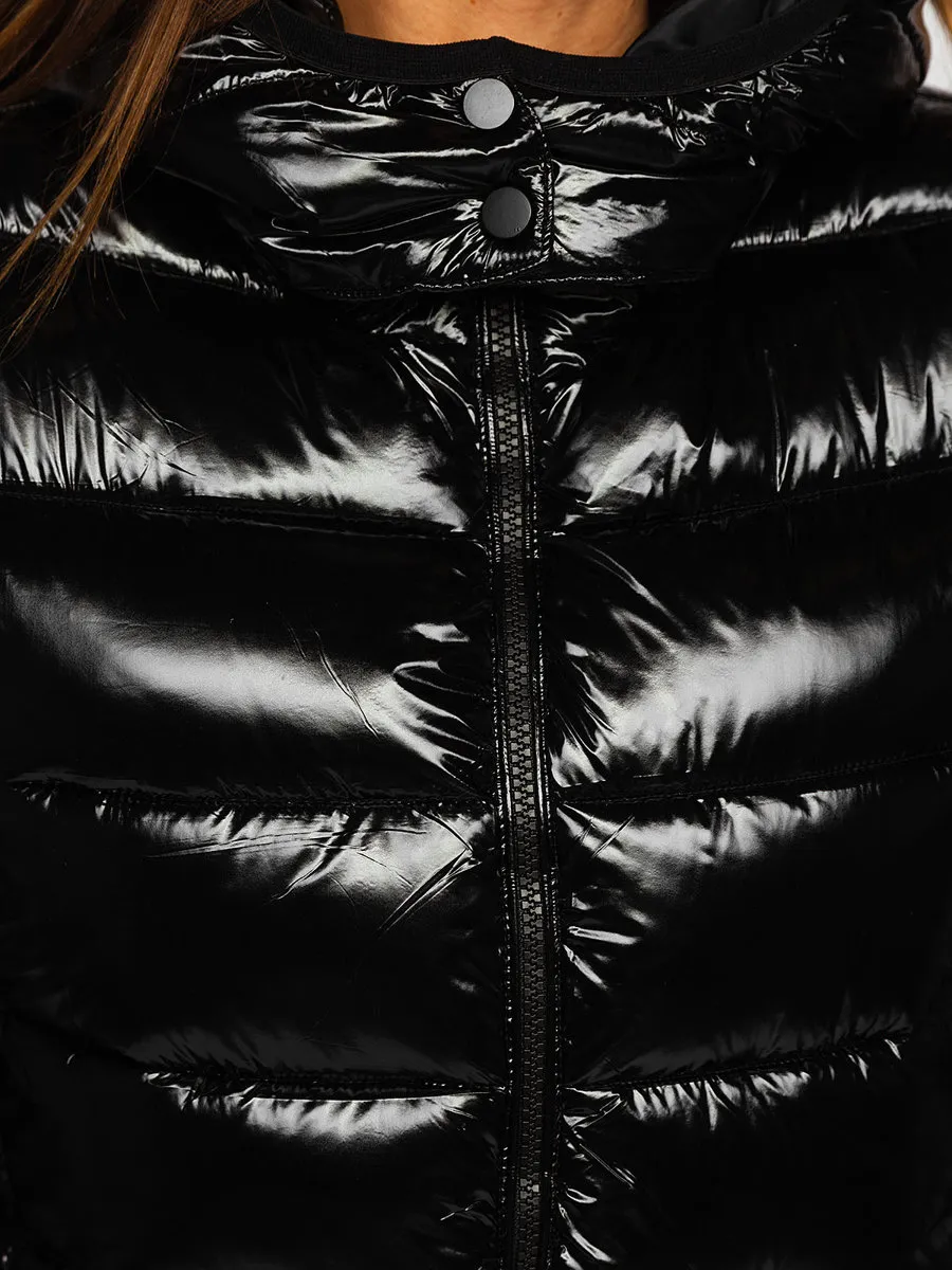 Black women's quilted winter jacket with hood