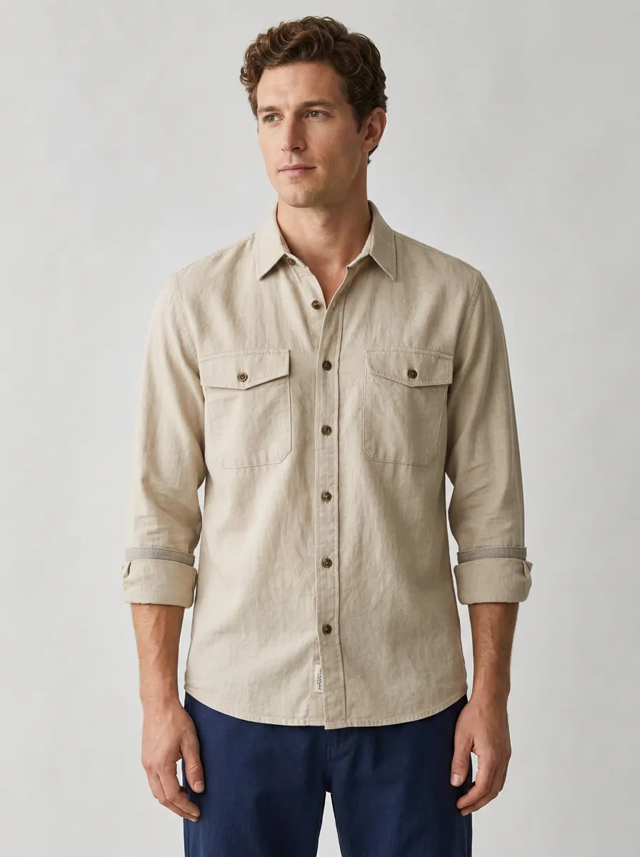 Men's Casual Breathable Beige Linen Long Sleeve Button-Down Shirt