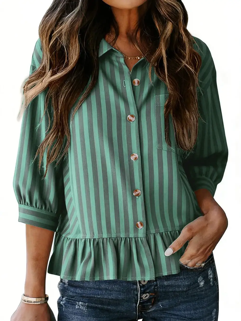 Striped Ruffle Hem Button Down Shirt