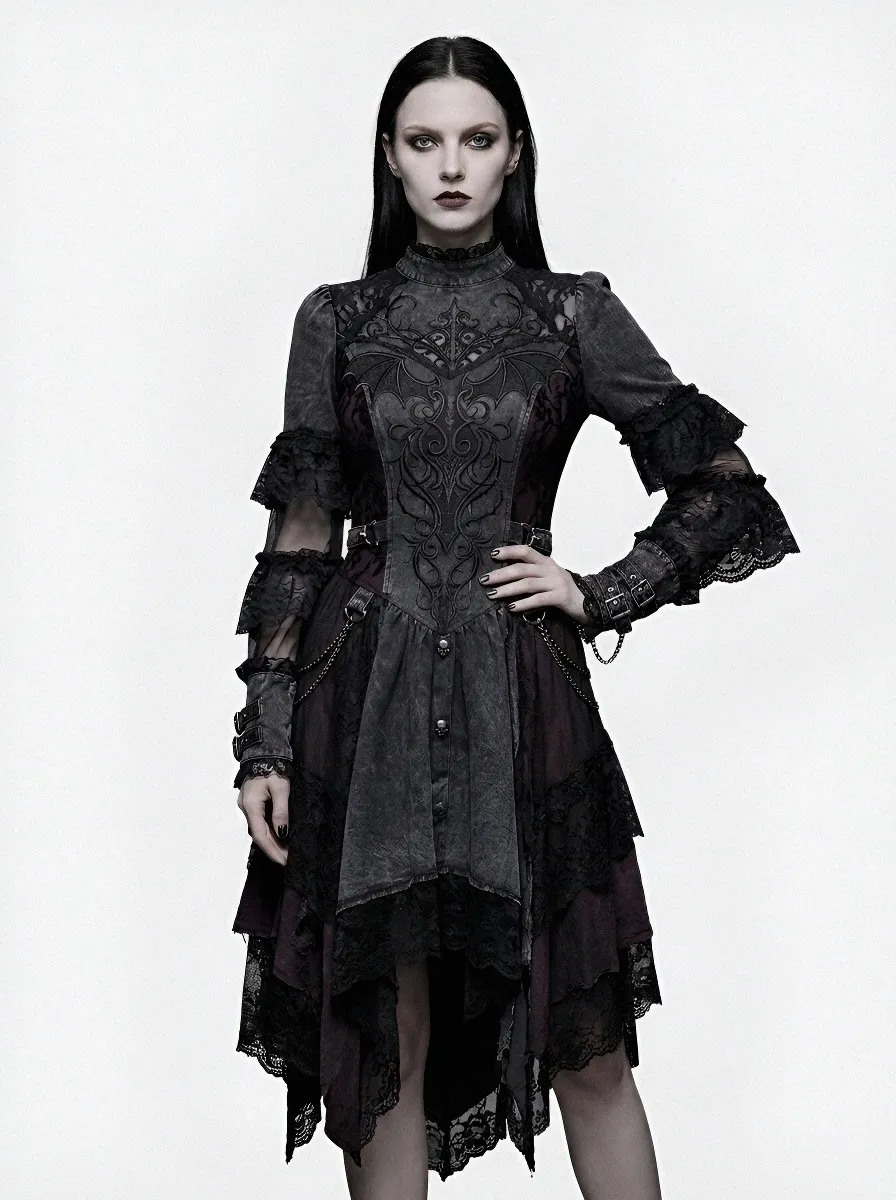Women's Gothic Bat Wing Lace Embroidered Printed Top