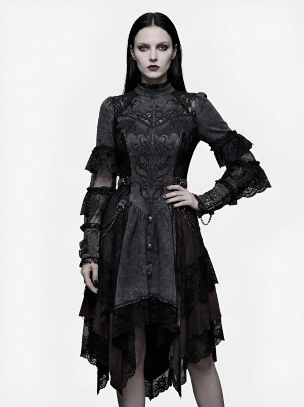 Women's Gothic Bat Wing Lace Embroidered Printed Top