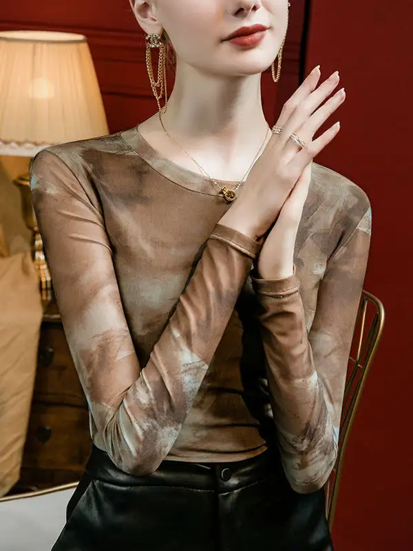 Long Sleeve Curve Fit Panel Detail Tie Dyed Round Neck T-Shirt
