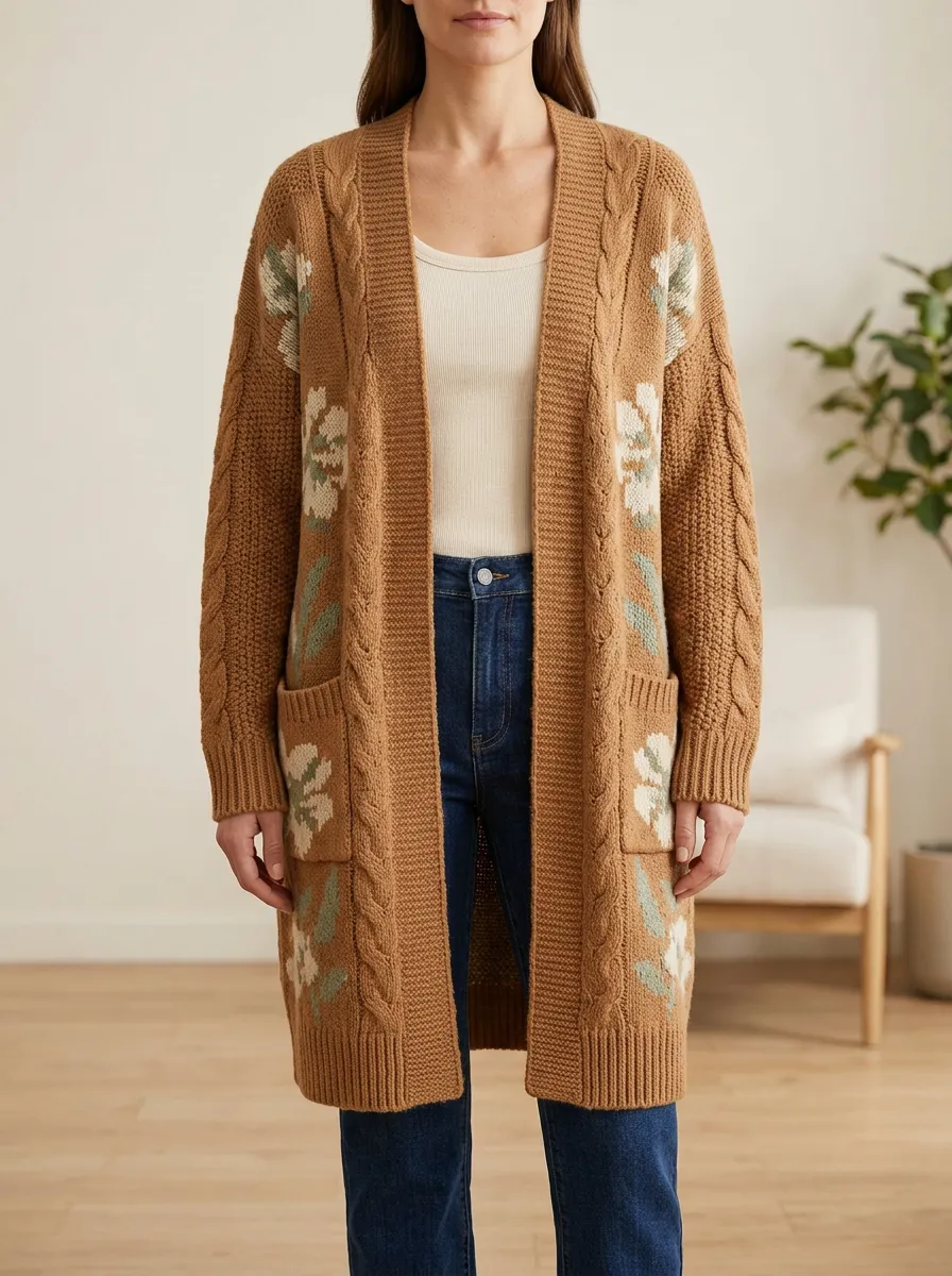 Women's Floral Cable Knit Print Open- Design Clean Collarless Long Cardigan