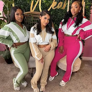 Womens Sweatsuits 2 Piece Set Contrast Color Long Sleeve Zip Up Cropped Jacket Leggings Pants Jogger Track Suits