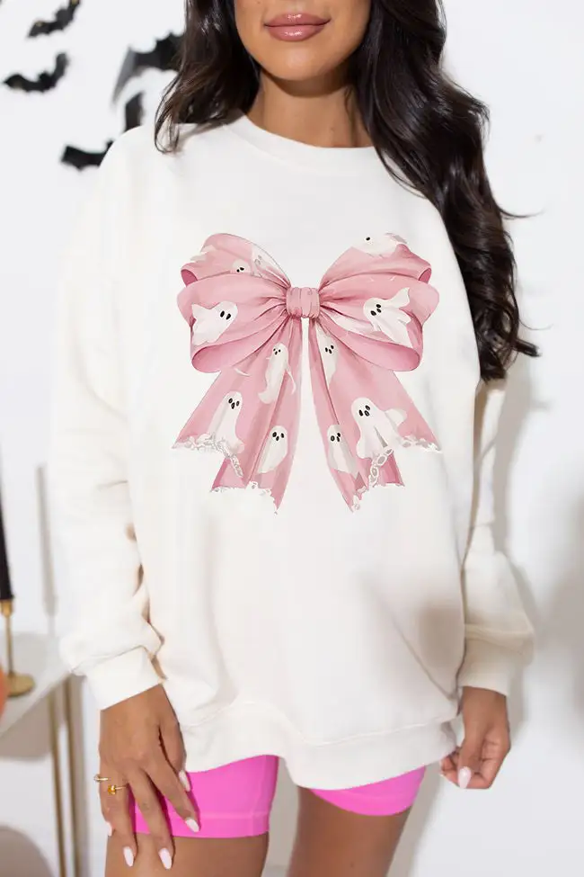 Bow Accent Graphic Drop Shoulder Crewneck Sweatshirt